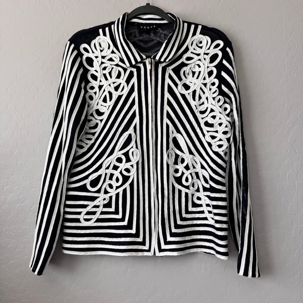 Weavz Large Jacket Navy Blue Long Sleeve Soutache Ribbon Mesh Zip Geometric
